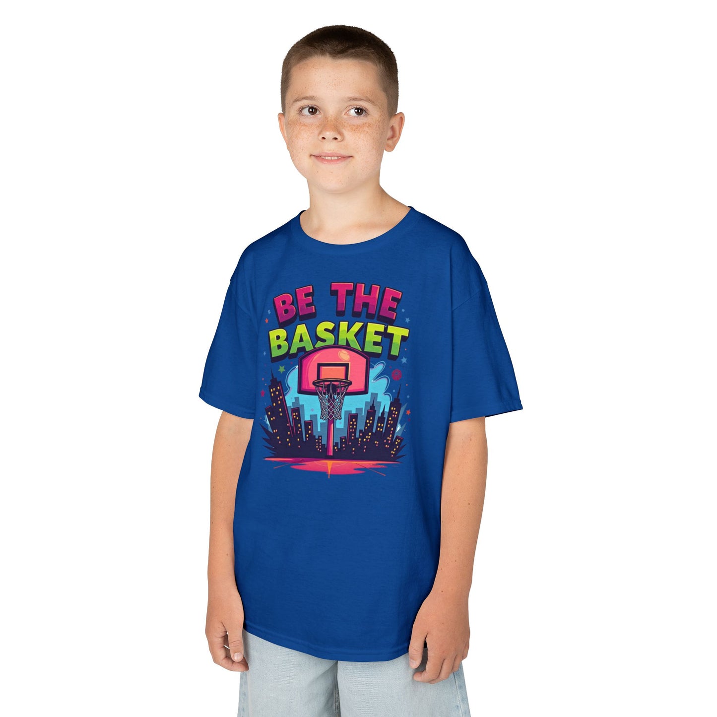 BE THE BASKET Kids Basketball Cityscape Design T-Shirt.  Unisex Basketball Shirt