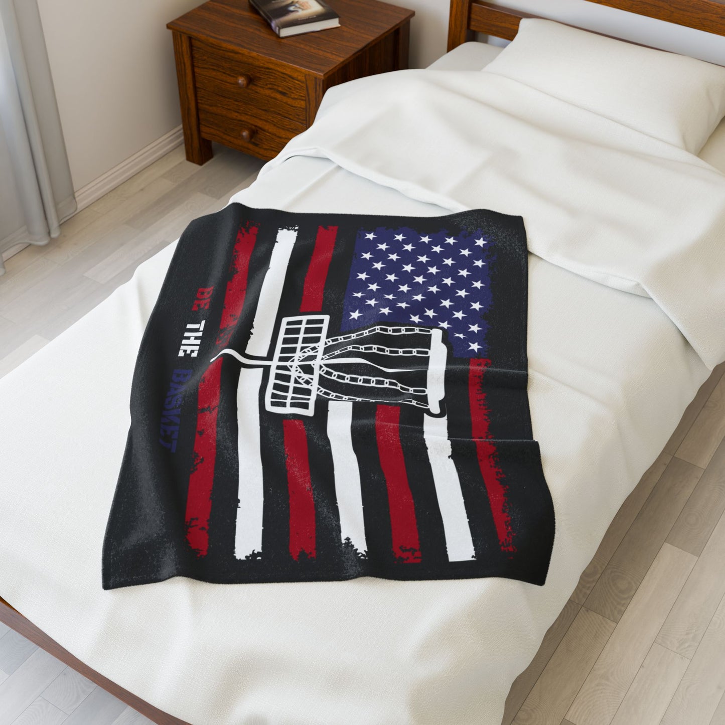 BE THE BASKET PATRIOTIC DISC GOLF Velveteen Plush Blanket, White Basket Design, Disc Golf Blanket