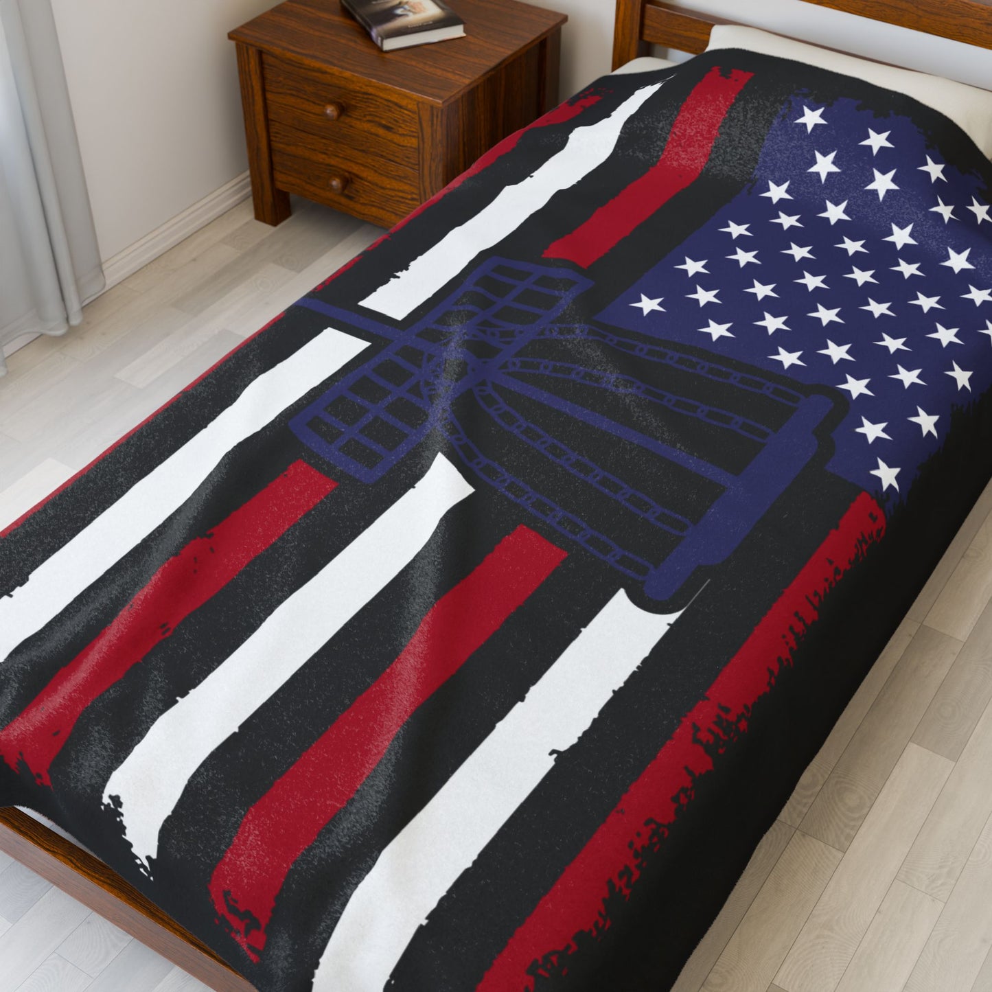 PATRIOTIC DISC GOLF Velveteen Plush Blanket, Blue Basket Design, Disc Golf Blanket