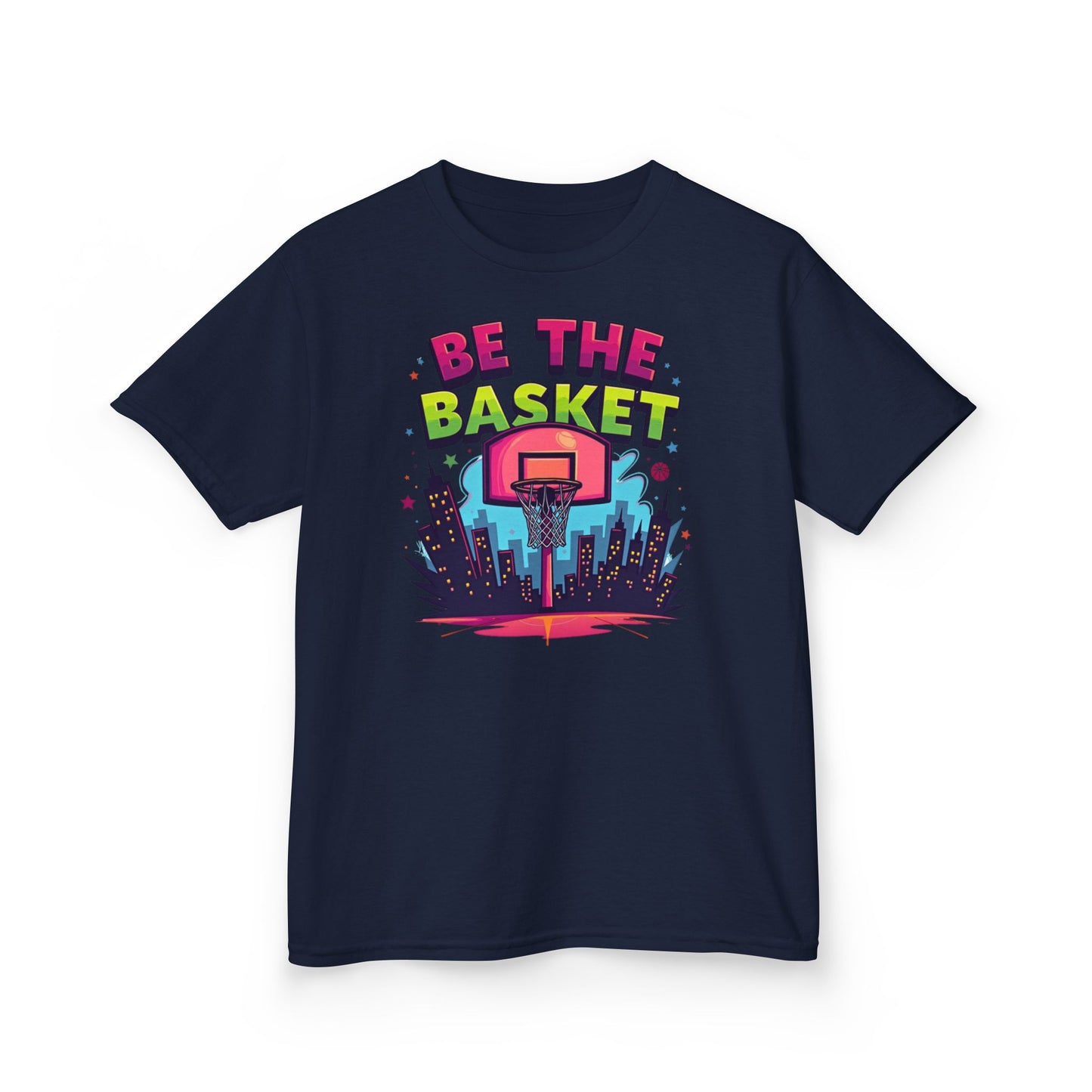 BE THE BASKET Kids Basketball Cityscape Design T-Shirt.  Unisex Basketball Shirt