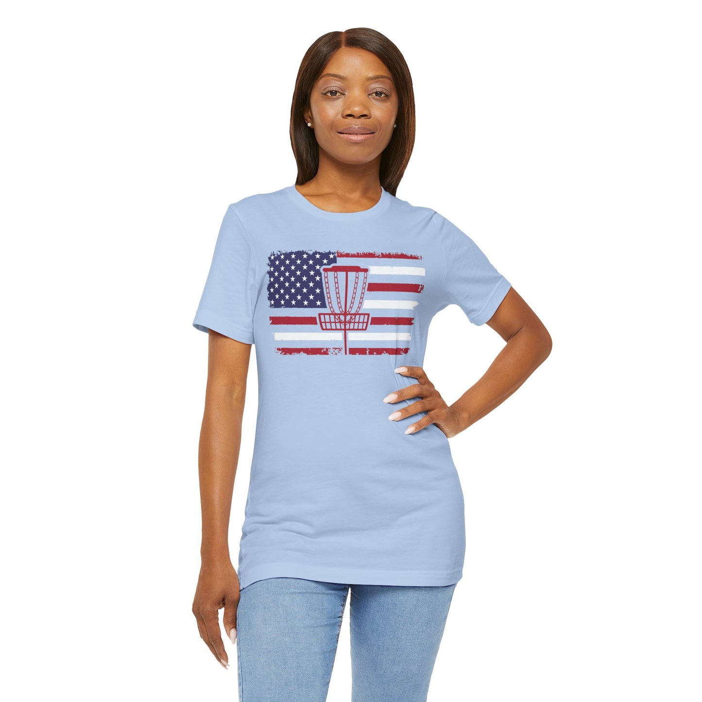 Patriotic Disc Golf Tee, Red Basket, Unisex Jersey Tee, USA Flag Design