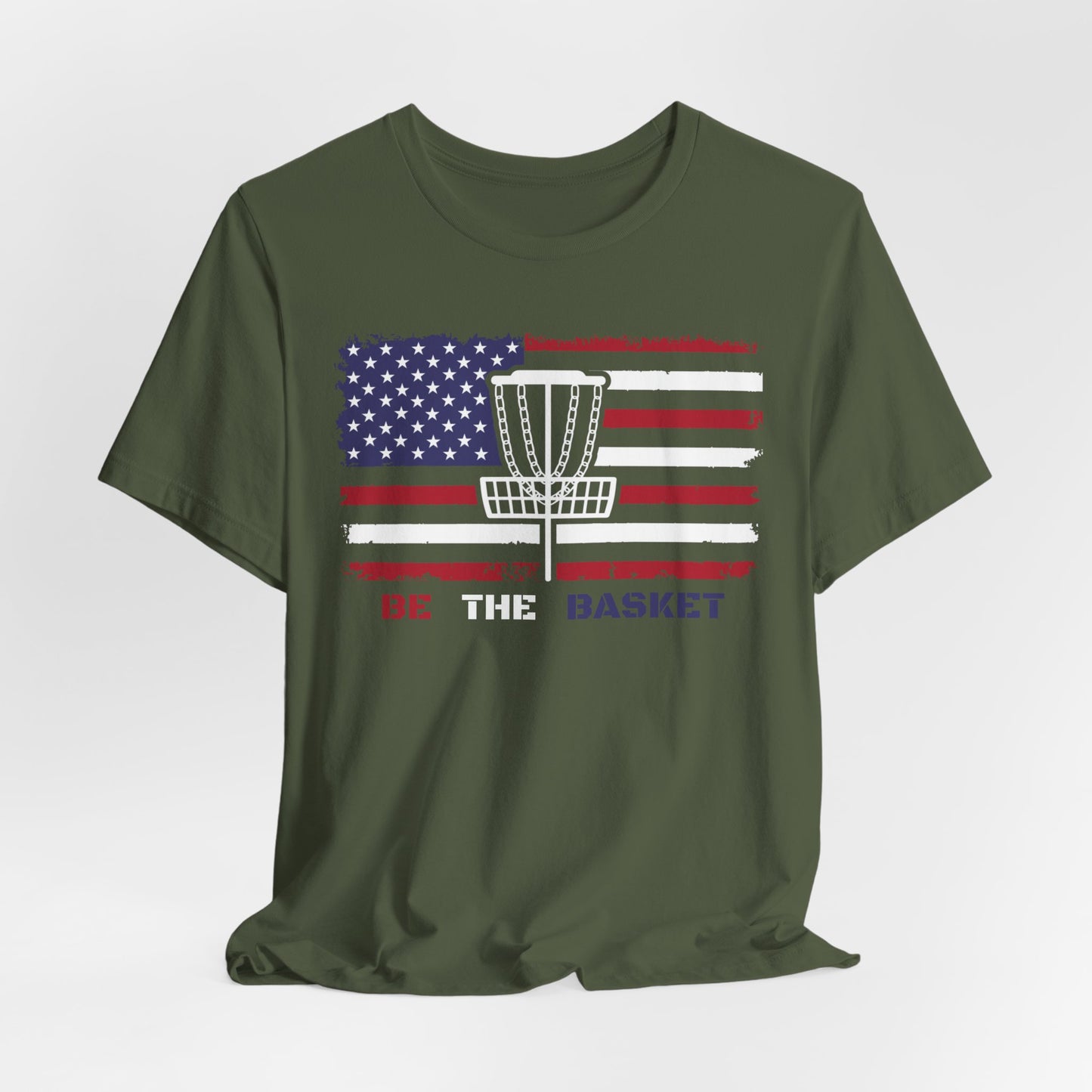 BE THE BASKET Patriotic Disc Golf Unisex T-Shirt, White Basket Design, Disc Golf Shirt