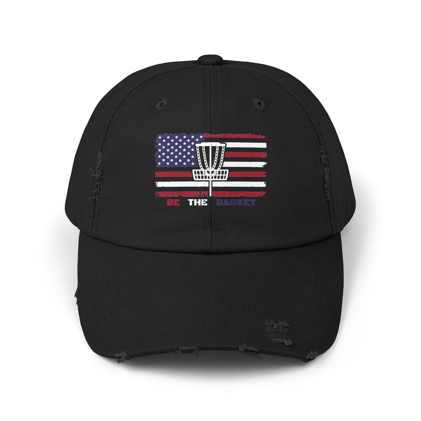 BE THE BASKET Patriotic Distressed Unisex Baseball Hat, White Basket Design, Disc Golf Hat