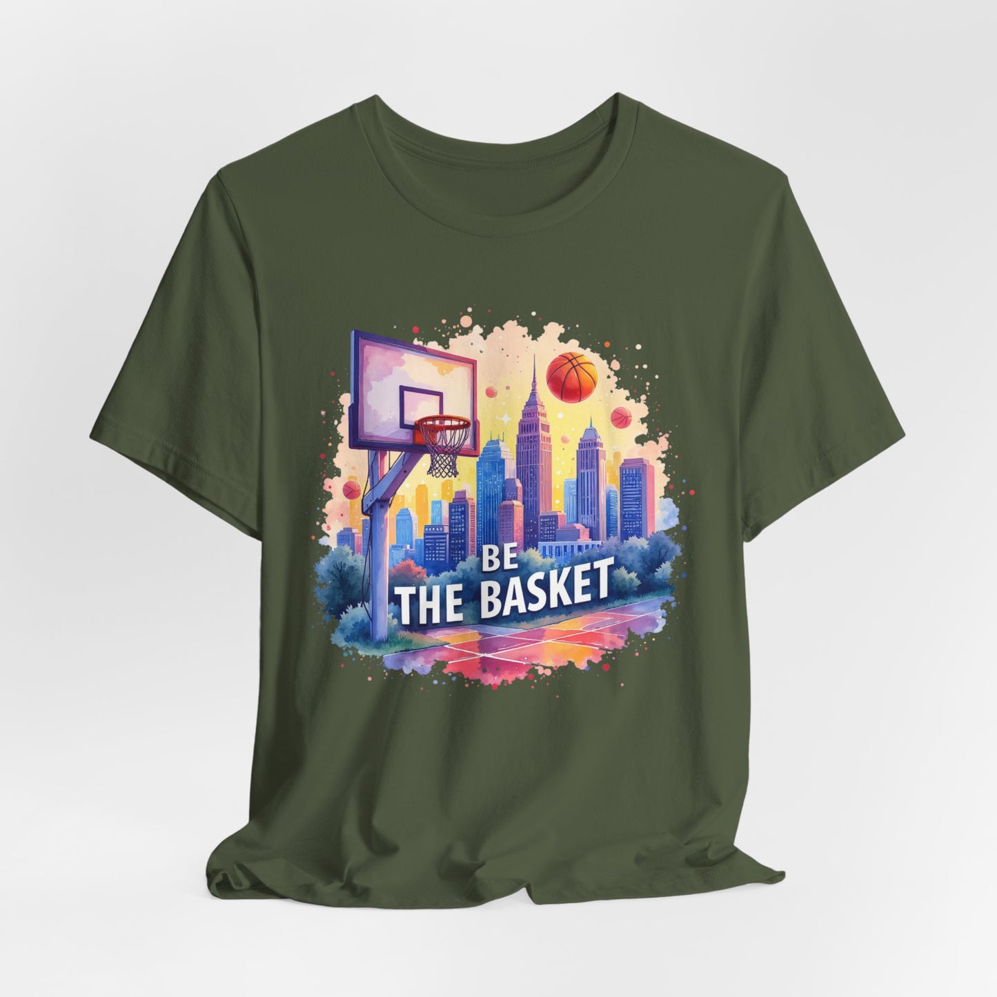 BE THE BASKET Basketball Goal Skyline Watercolor 1, Basketball Unisex T-Shirt
