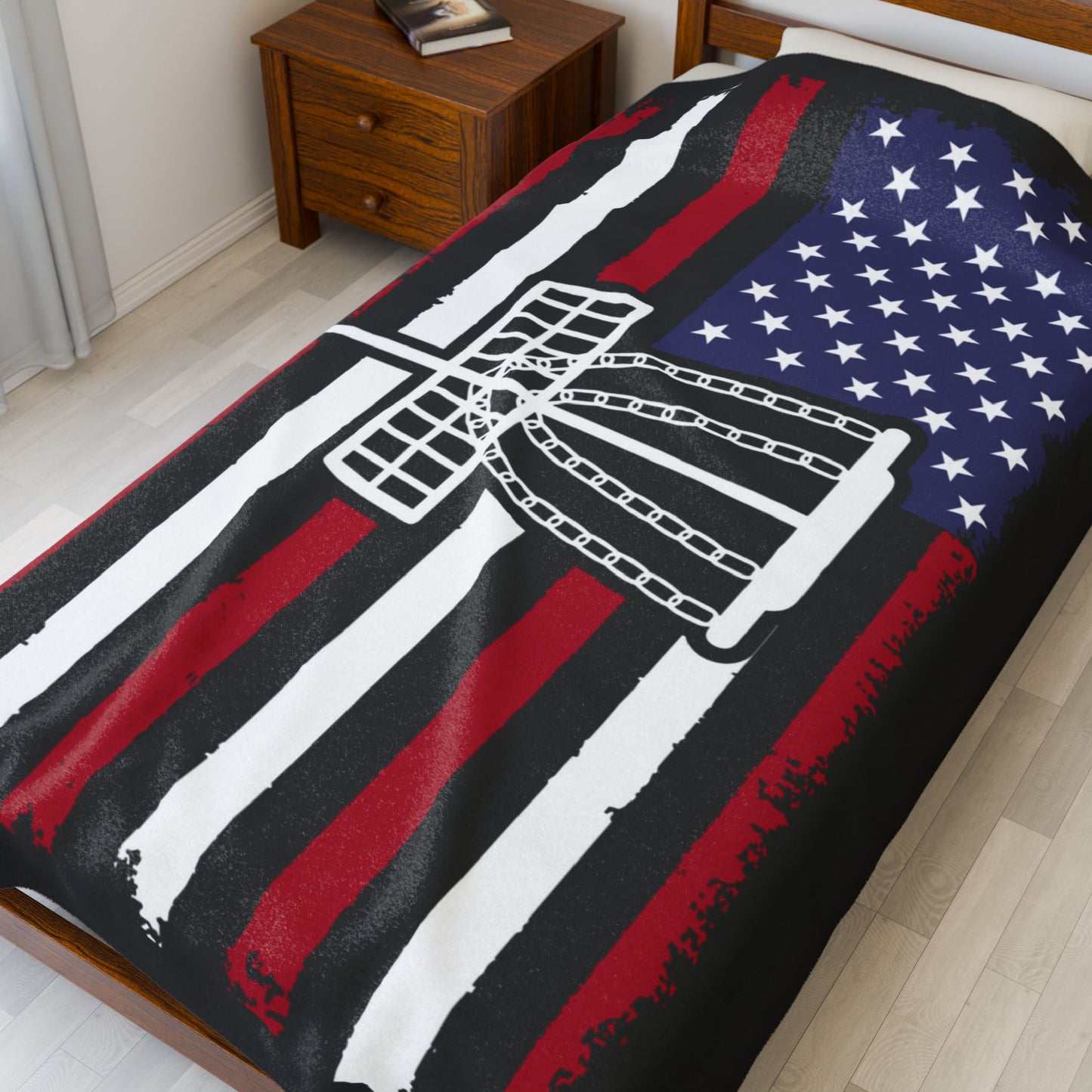 PATRIOTIC DISC GOLF Velveteen Plush Blanket, White Basket Design, Disc Golf Blanket