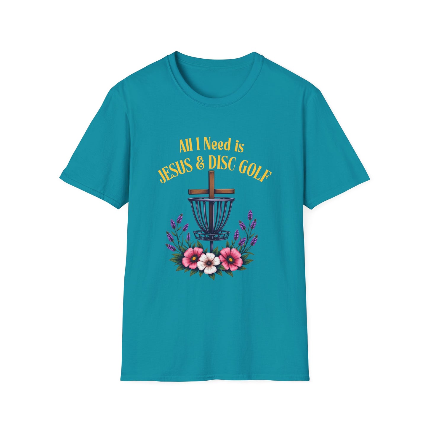 All I Need Is Jesus & Disc Golf  Softstyle T-Shirt, JESUS and DISC GOLF Gold