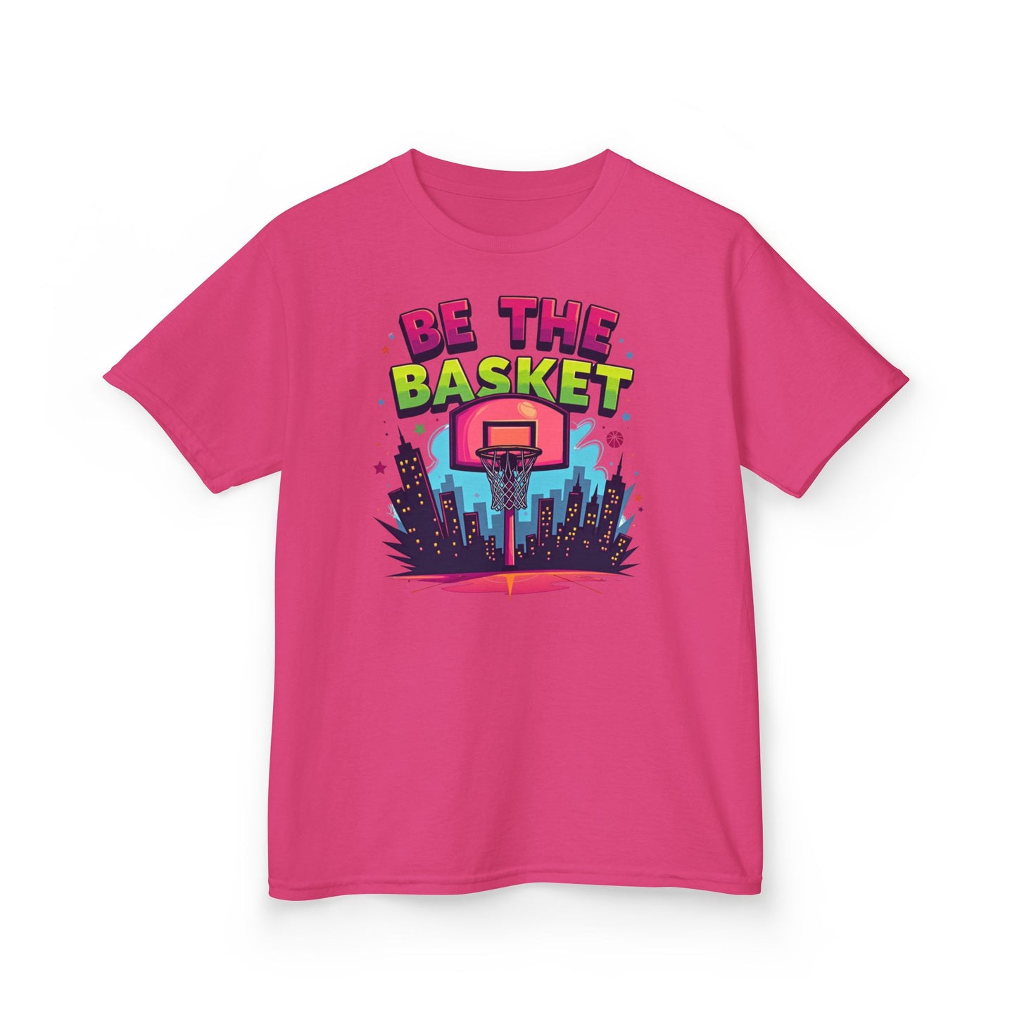 BE THE BASKET Kids Basketball Cityscape Design T-Shirt.  Unisex Basketball Shirt