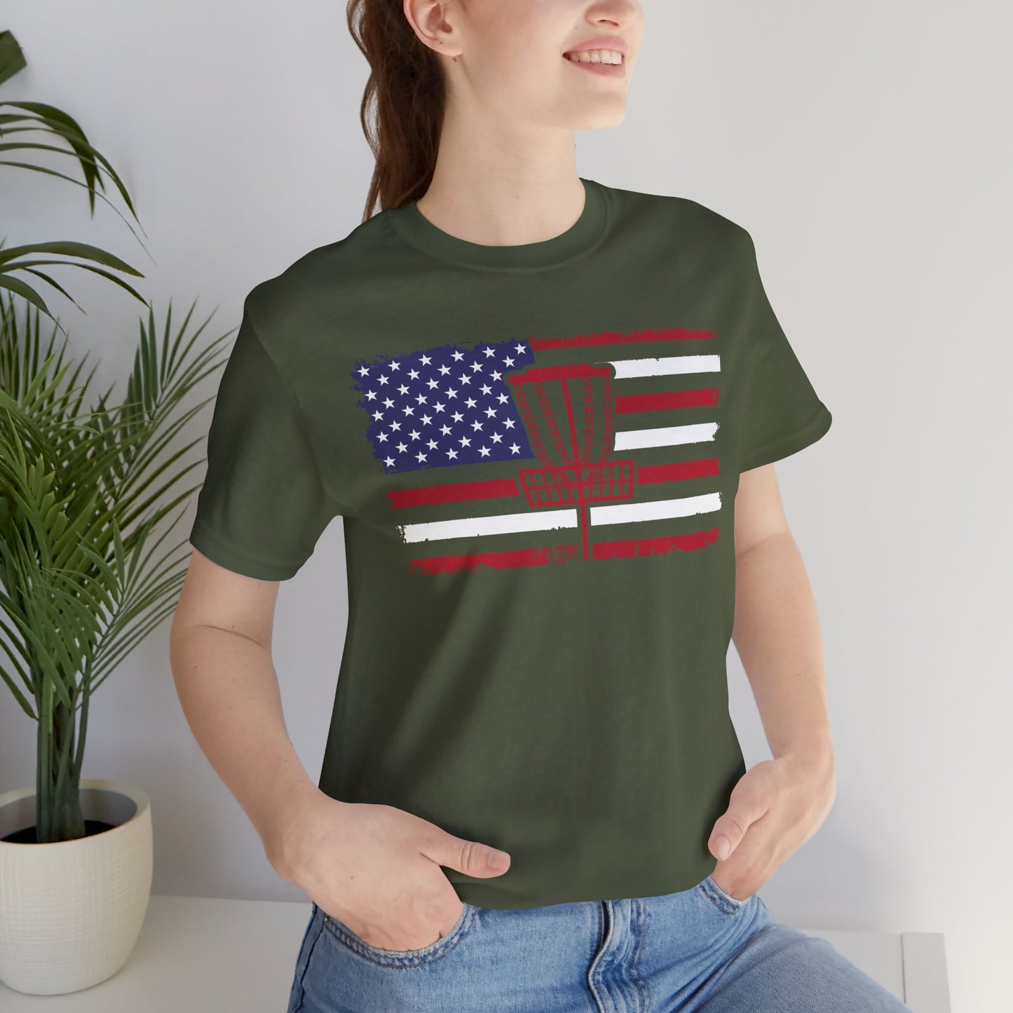 Patriotic Disc Golf Tee, Red Basket, Unisex Jersey Tee, USA Flag Design