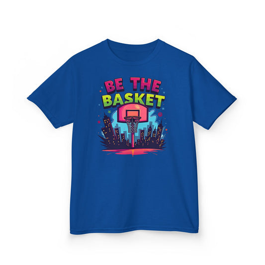 BE THE BASKET Kids Basketball Cityscape Design T-Shirt.  Unisex Basketball Shirt